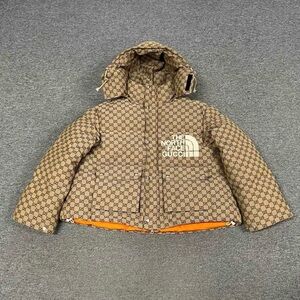 Gucci Brown Patterned Puffer Jacket with Orange Interior